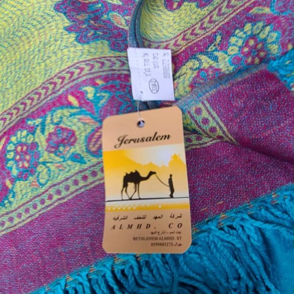 Jerusalem 100% Cashmere Pashmina Blue Multi Color NWT!  NEW! - Picture 1 of 13